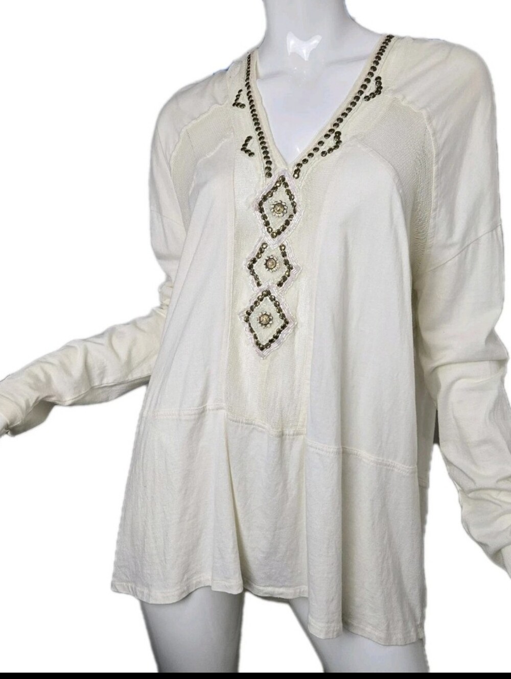 Free People Beaded V Neck Tunic Top Size L